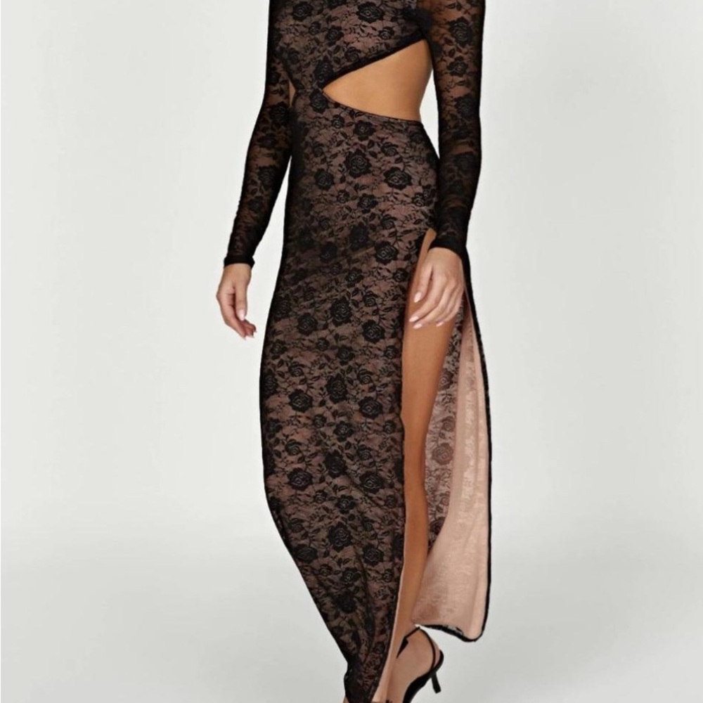 Meshki Black and Tan Asymmetrical Gown with Cut Out and Slit